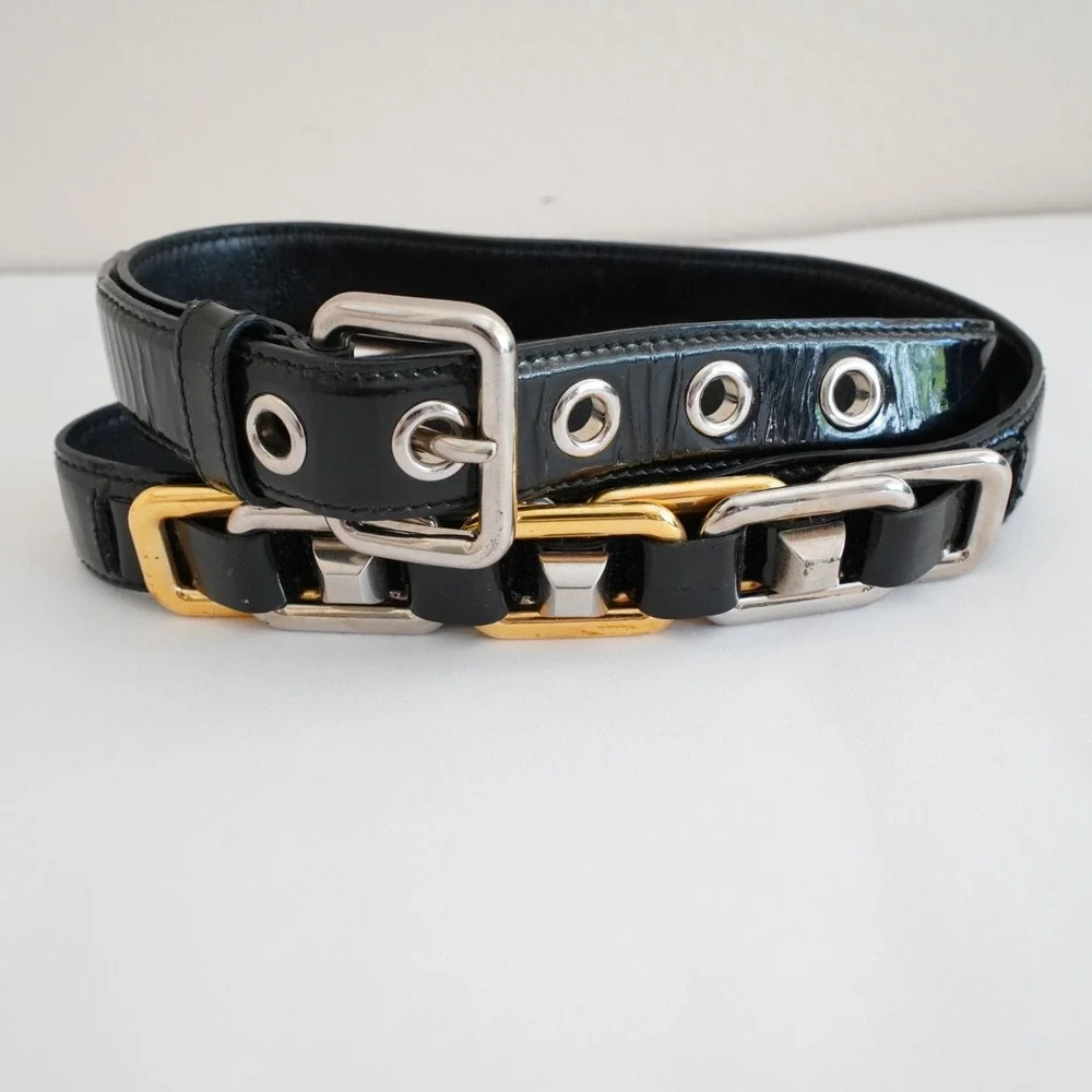 Miu Miu Patent Leather Chain Link Belt Womens S Black Statement Designer Thin